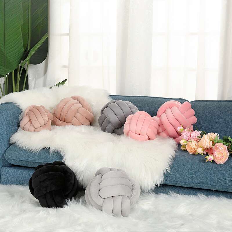 Hand Knit Three Strand Rope Round Home Decor Crystal Velvet Knot Spherical Pillow_voghion.com