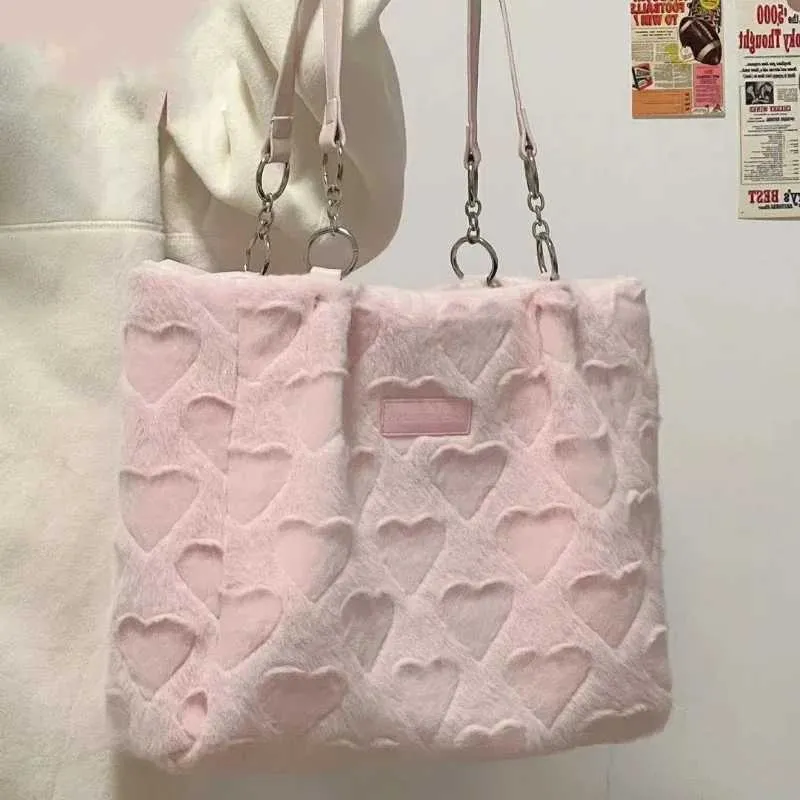 Cute fur casual caring lady sweet shoulder bag solid color womens plush handbag Y241025_voghion.com
