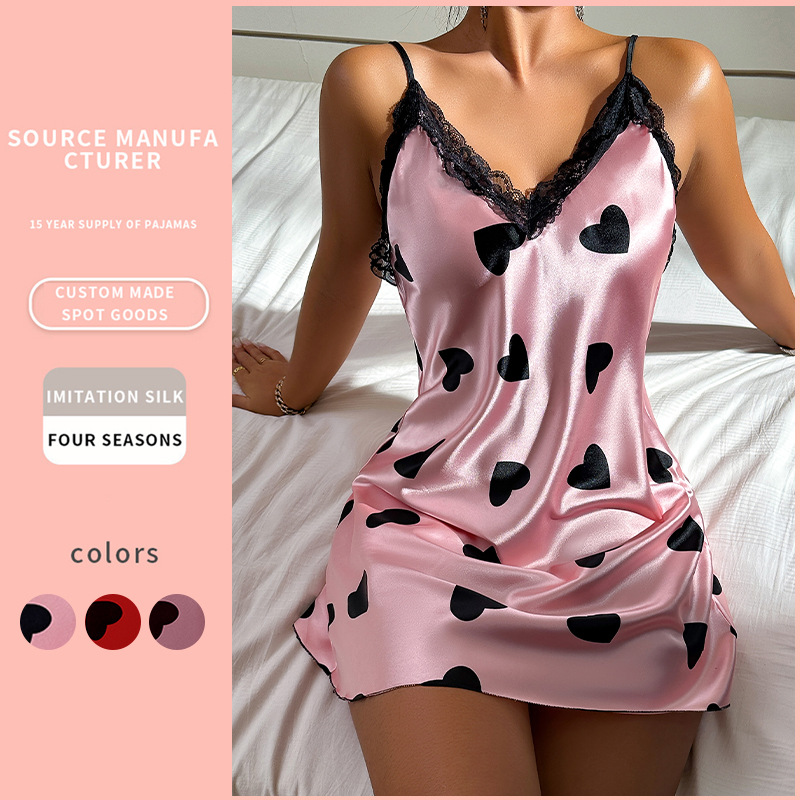 Women's Sleepwears New Ice Silk Nightdress Sexy Backless Love Suspender Skirt Home Clothes Thin Breathable Printed Short Skirt_voghion.com