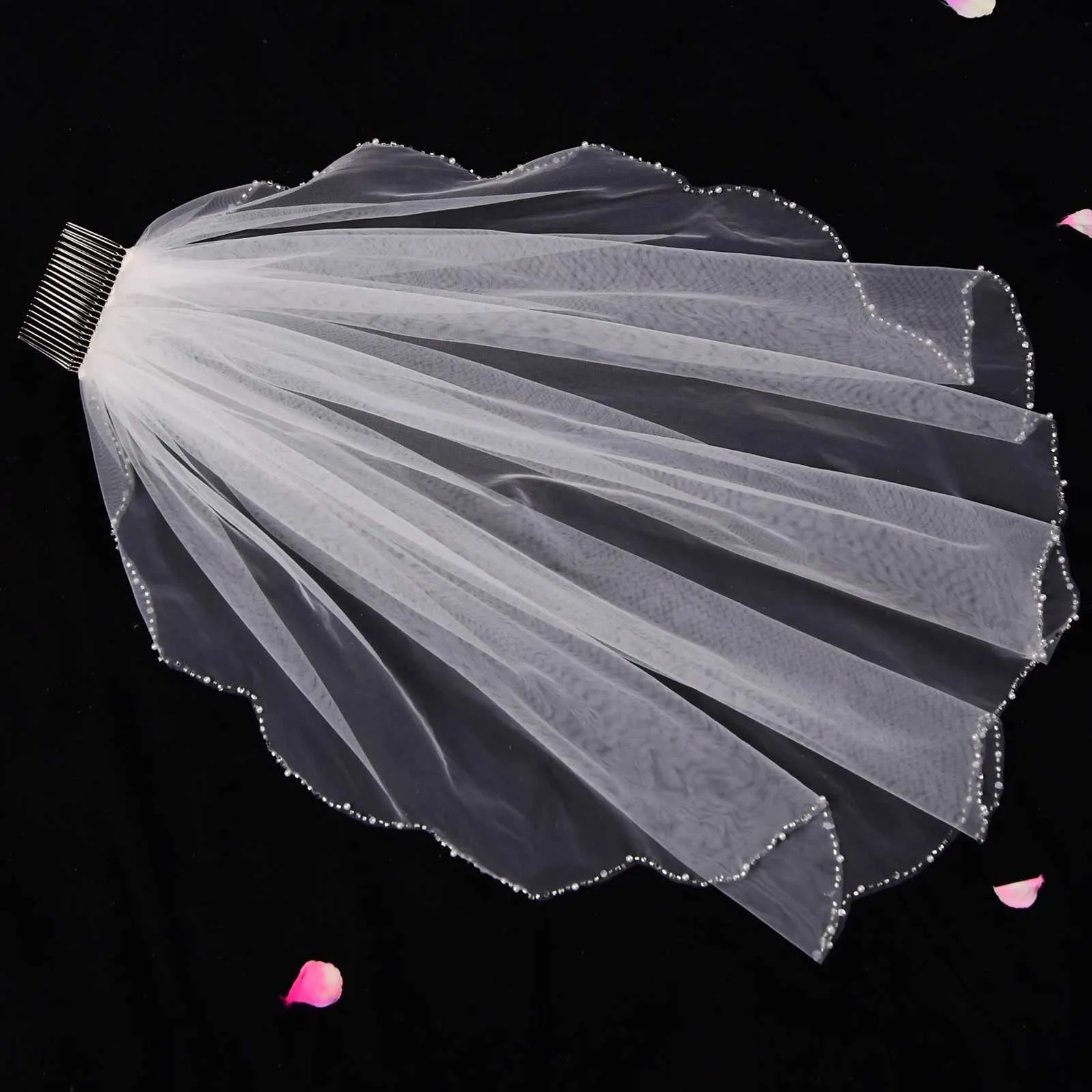 Hair Jewelry Short Wedding Veils Rhinestones Bridal Veil Crystal Beaded Bead Edge 60CM with Comb Bachelorette Party_voghion.com