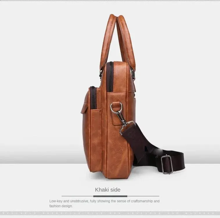 Sac à bandoulière en cuir PU grande capacité, portable, décontracté et étanche, pour hommes, porte-documents, sac pour ordinateur portable 240813_voghion.com