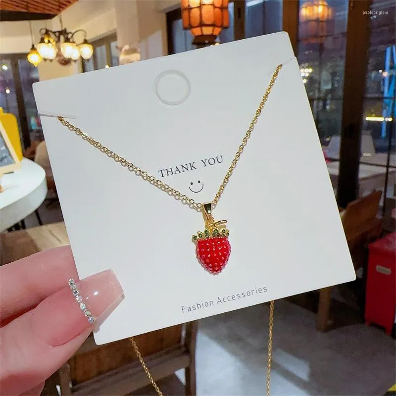 Pendant Necklaces Red Strawber Fruit Plant Zircon Chain Necklace Nimble Mother's Day Woman Wedding Family Friend_voghion.com