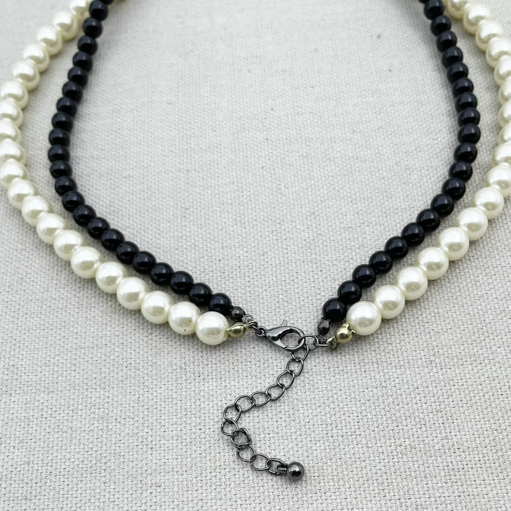 Ketten M158 Modeschmuck Schwarze Perlen Weiße Perle Doppelschichtige Halskette Frauen_voghion.com