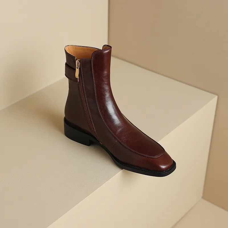 2024 New Autumn Square Toe Low Heel Women Shoes Genuine Brown Ankle Block Retro Leather Boots 3d39_voghion.com