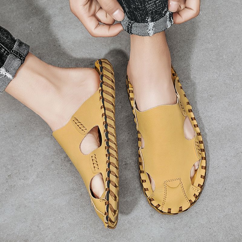Baotou Herren Sommer Strandsandalen Leder rutschfeste Slipper Fauler Mann ohne Absatz Halbschuhe_voghion.com