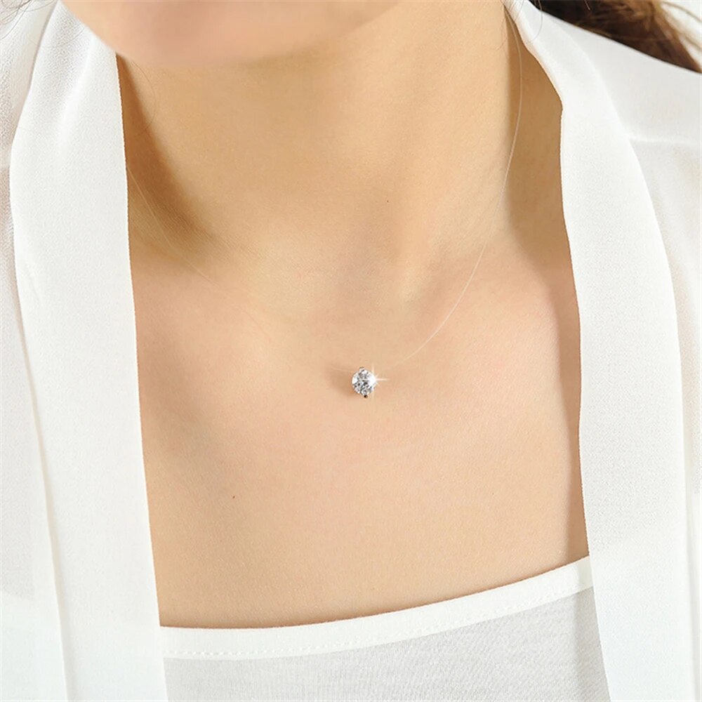 Vendita calda Choker Invisible Fish Line Collana di cristallo Pendenti Collo Zircone Donna Clavicola Catena Lady Feminino Collare_voghion.com