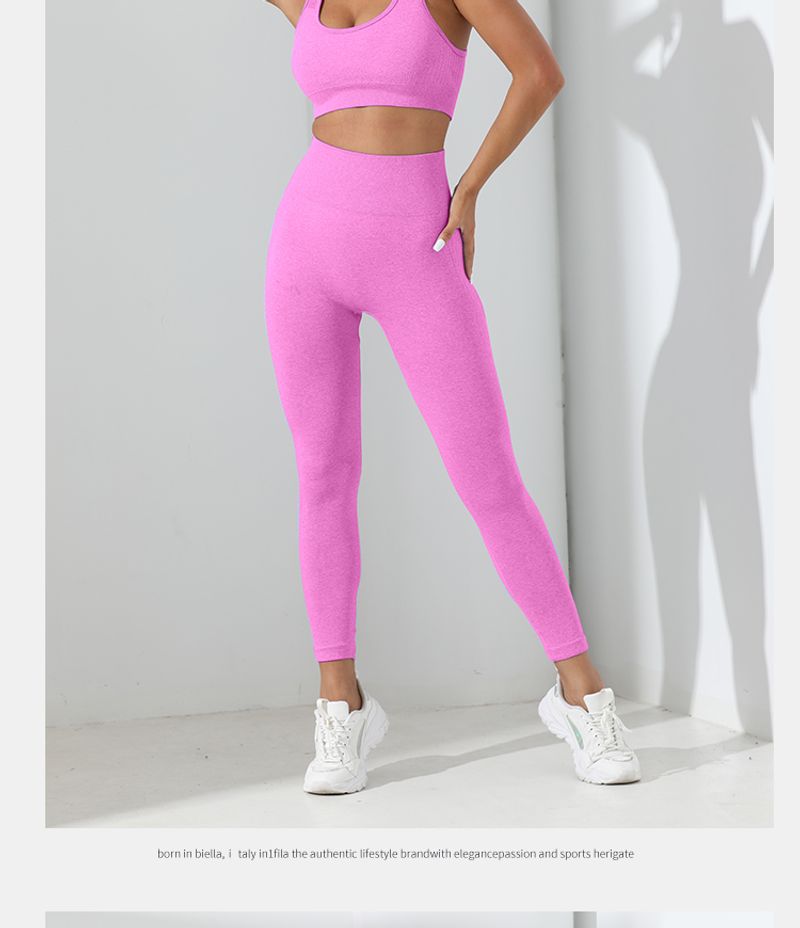 Set de trening de yoga simplu, 2 bucăți, fără cusături, foarte elastic, cu spate încrucișat, colanți cu control al abdomenului și șoldurilor_voghion.com