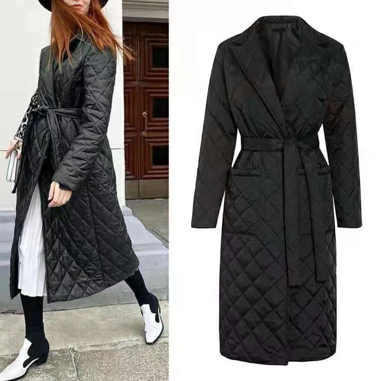 Ropa de mujer Otoño e Invierno nueva moda solapa algodón abrigo medio largo sobre la rodilla cinturón delgado patrón de diamantes abrigo