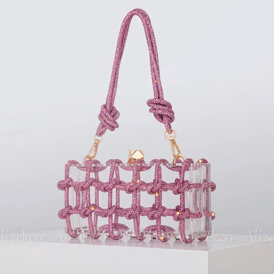Bolsos de mano de noche con caja de acrílico transparente Dia para mujer, bolsos de mano y carteras de mano con cuerda anudada tejida, para bodas y fiestas_voghion.com