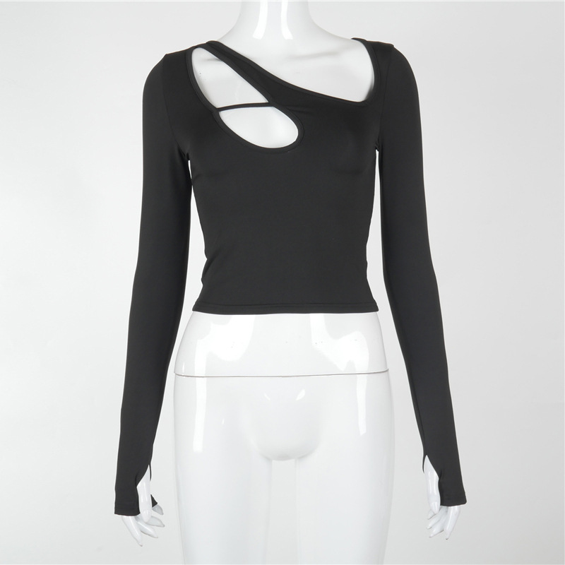 Plus Nine M20764T Winter New Irregular Hollow Diagonal Neck Long sleeved Open Navel Top for Women_voghion.com