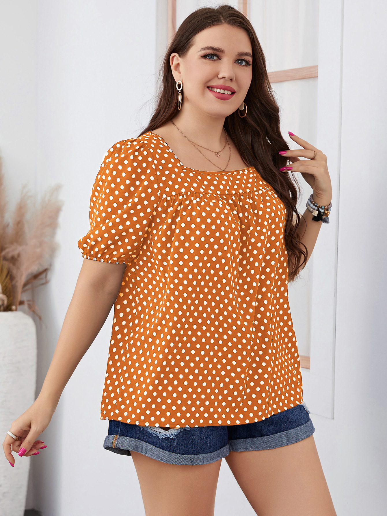 Women's chiffon short woven round neck plaid temperament commuting pullover polka dot large size women's shirt_voghion.com
