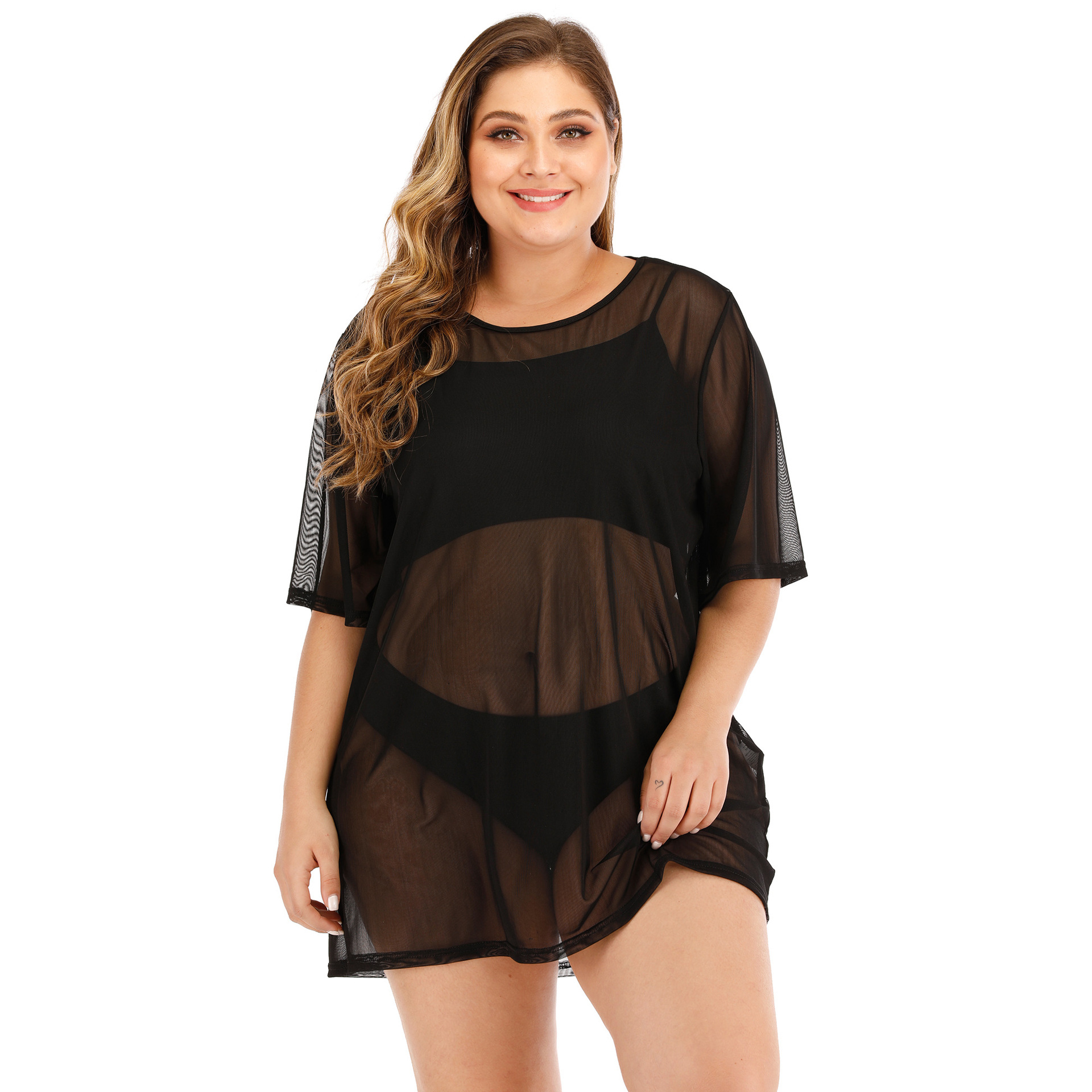 Vestito da copertura per bikini con gonna da spiaggia in maglia di prospettiva sexy da donna di grandi dimensioni F1420_voghion.com