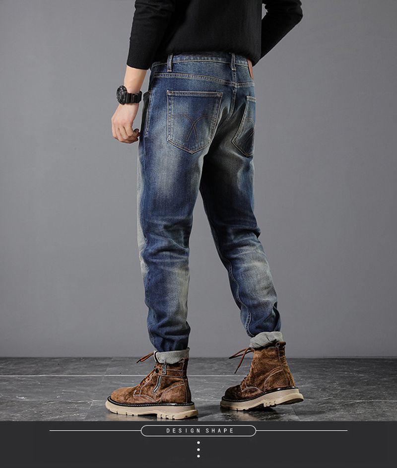 Heren Slim-fit Small Broek Herfst en Winter Red-eared Denim Rechte Broek_voghion.com