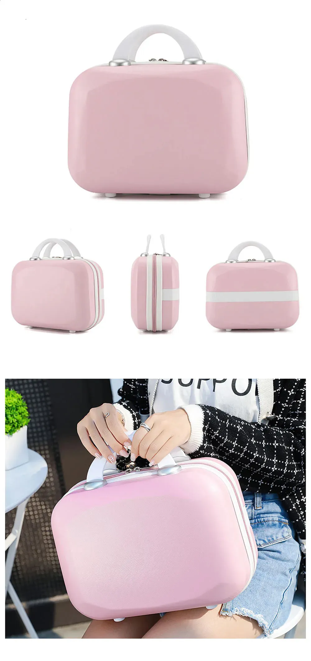 Neceser pequeño de viaje para mujer, de 14 pulgadas, color rosa, azul, morado y caqui. Material compresivo grande, tamaño 30-15,5-23 cm. 240729_voghion.com