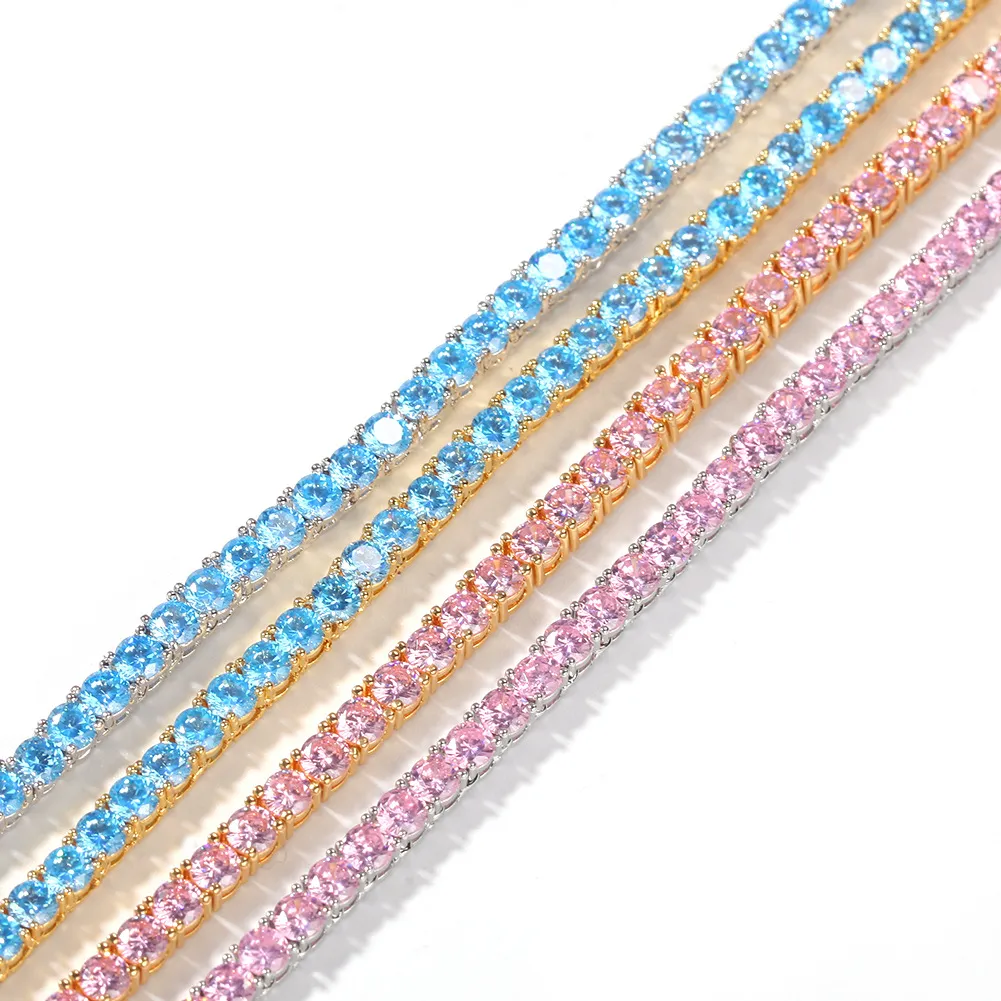 2024 Niedlicher junger Stil für Männer und Frauen, Durchmesser komplett vereist, 4 mm, benutzerdefinierte Farbe, Regenbogen, bunt, Zirkonia, Pink Cz, Tenniskette_voghion.com