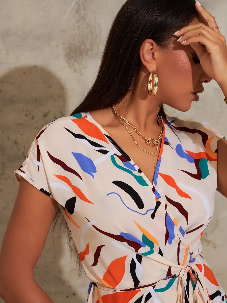 Naisten uusi muoti painettu hihainen V-kaula-vyötärömekko naisille_voghion.com