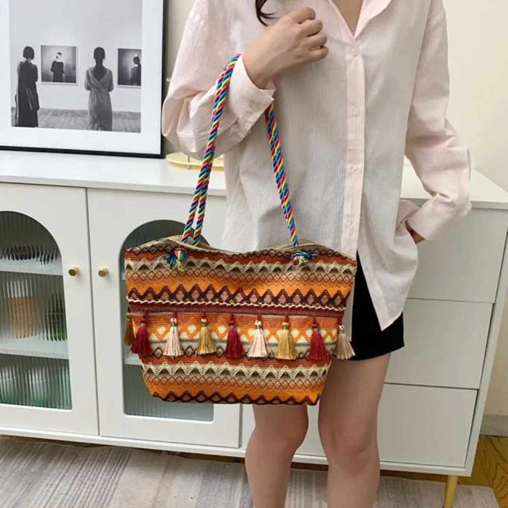 Stripe Ethnic Shoulder Tassel Large Capacity Canvas Colorful Handbag Travel Storage Bag Korean Style_voghion.com