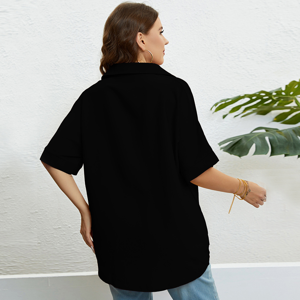 Topuri pentru femei, cu decolteu în V, slim fit și mâneci în cinci puncte, mărimi mari_voghion.com