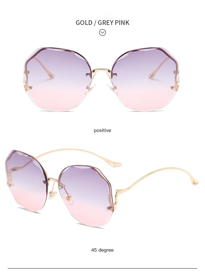 Nuovi occhiali da sole alla moda senza montatura per donna con aste curve in metallo deformato, occhiali da sole con protezione solare ripresi da celebrità di Internet._voghion.com