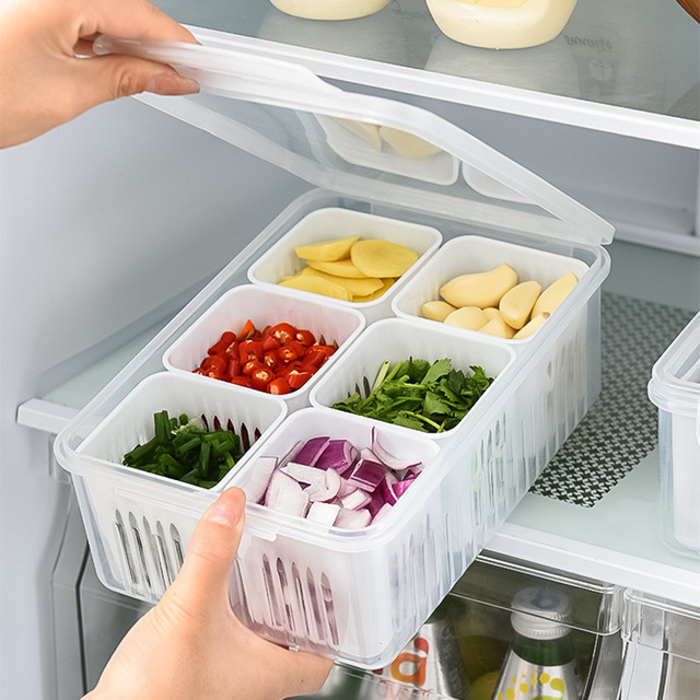 Kühlschrank-Aufbewahrungsbox mit 6 Fächern, Aufbewahrungsbox für Lebensmittel, Gemüse und Obst, Kühlschrank-Organizer, Abflusskorb, für Fleisch, Zwiebeln, Ingwer, transparentes Gemüsefach_voghion.com