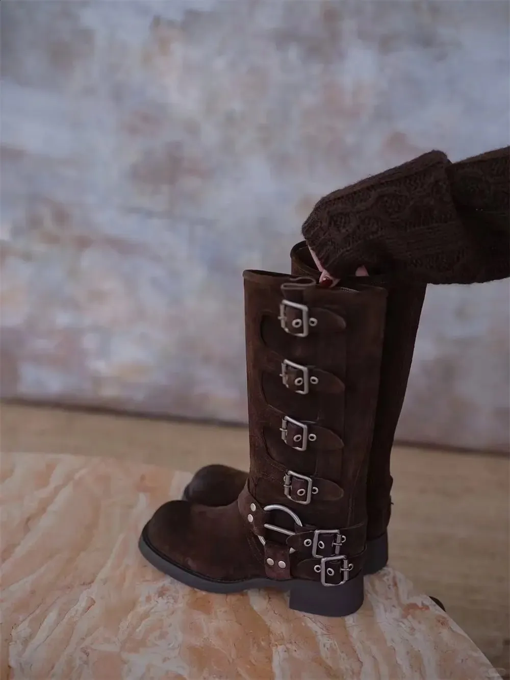 2024 Cowhide Leather Womens Y2k Retro Detachable Bucket Motorcycle Boots Brown Buckle Strap With Boots241018_voghion.com