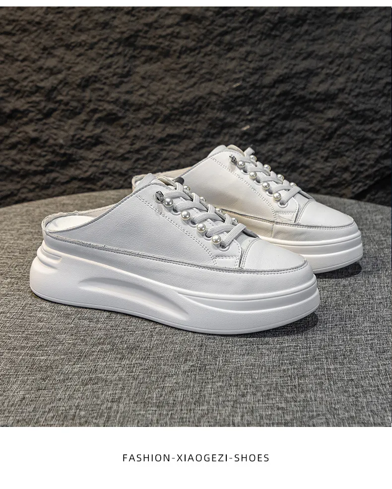 Genuine Leather Thick Soled Round Toe Half Slippers Heelless Lazy Casual And Fashionable Women Small White Shoes_voghion.com