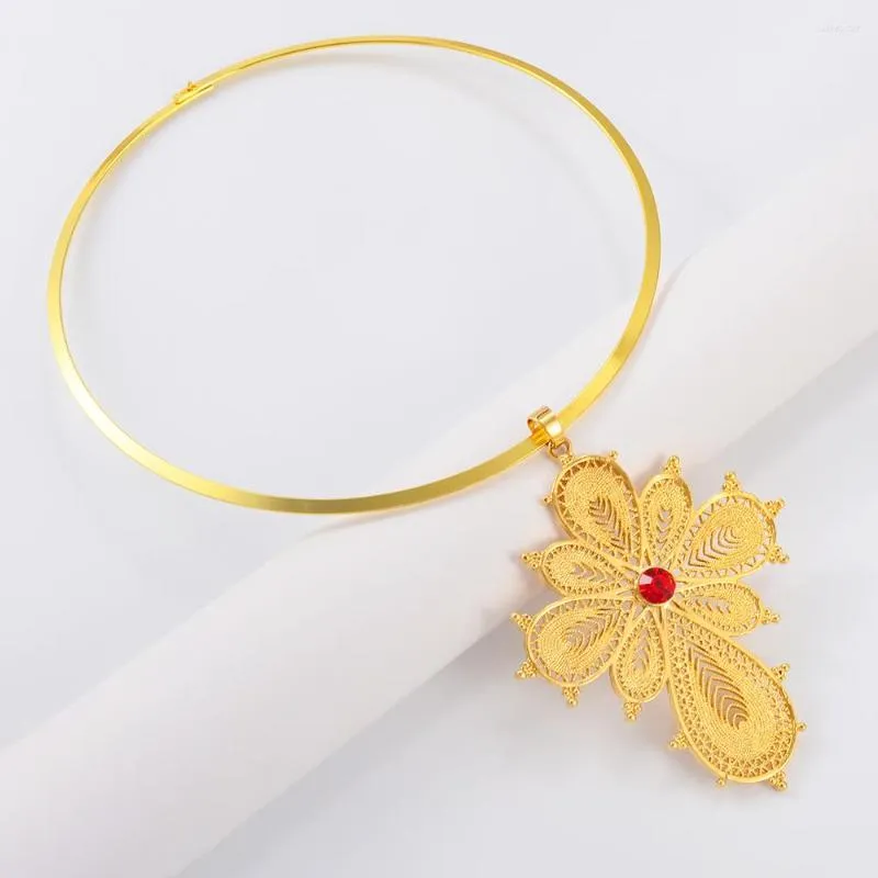 Collane con ciondolo Anniyo Etiope Grande Croce e Girocolli rotondi con strass per donna Colore oro Eritrea Africa_voghion.com