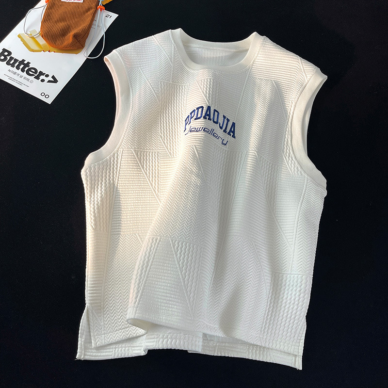 Roupas masculinas sem mangas colete de fundo para meninos no verão marca da moda bordado para adolescentes solto tamanho grande casual colete camiseta_voghion.com