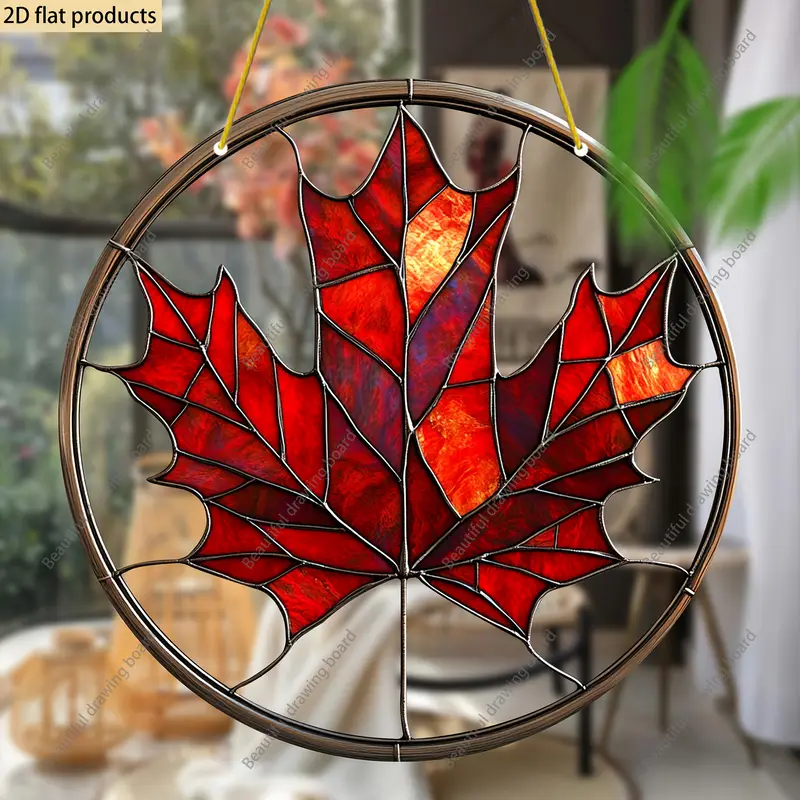 Maple Leaf Suncatcher, 8"x8" Round Acrylic Sign. Spring, Everyday, Housewarming Gift. Wreath Centerpiece, Window/Porch/Wall/Home/Garden Decor._voghion.com