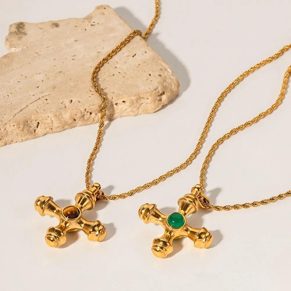 Collana con ciondolo a croce in acciaio inossidabile dorato di tendenza di design per donna con occhi di tigre che non sbiadiscono, alla moda_voghion.com