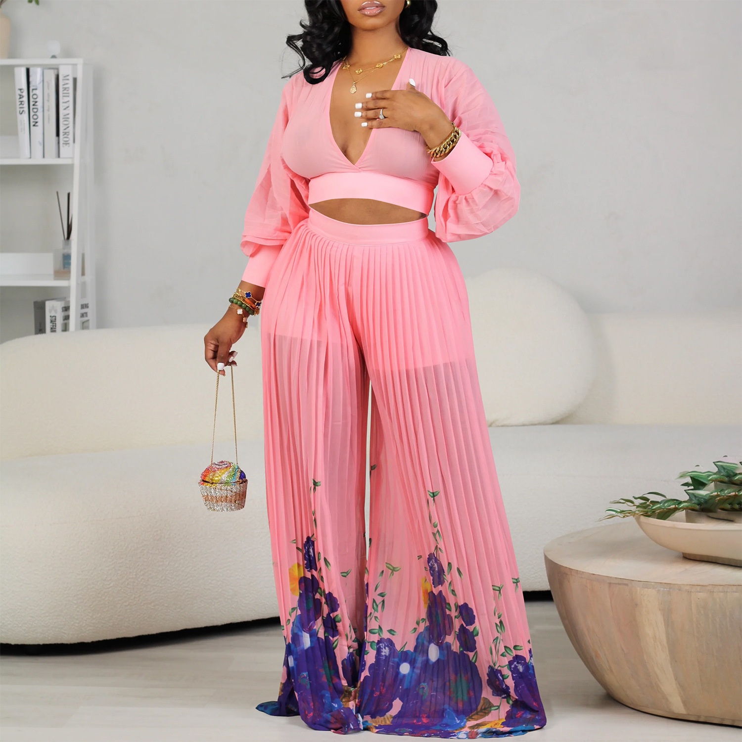 Women's V-neck chiffon lantern sleeve top pleated wide-leg pants two-piece set