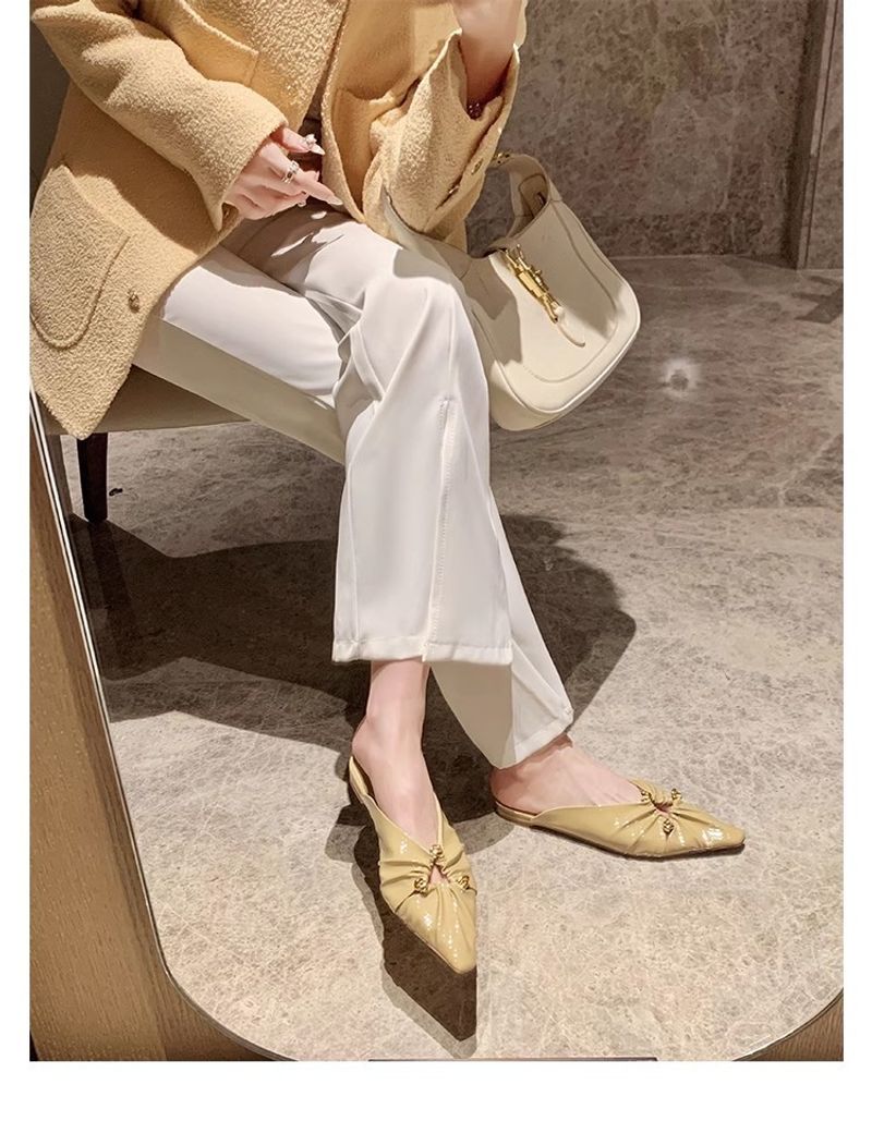 Grape Mom's Same Style Spring New Triangle Buckle Hollow Pointed Pleated Baotou Muller Half Slippers Women's Genuine_voghion.com