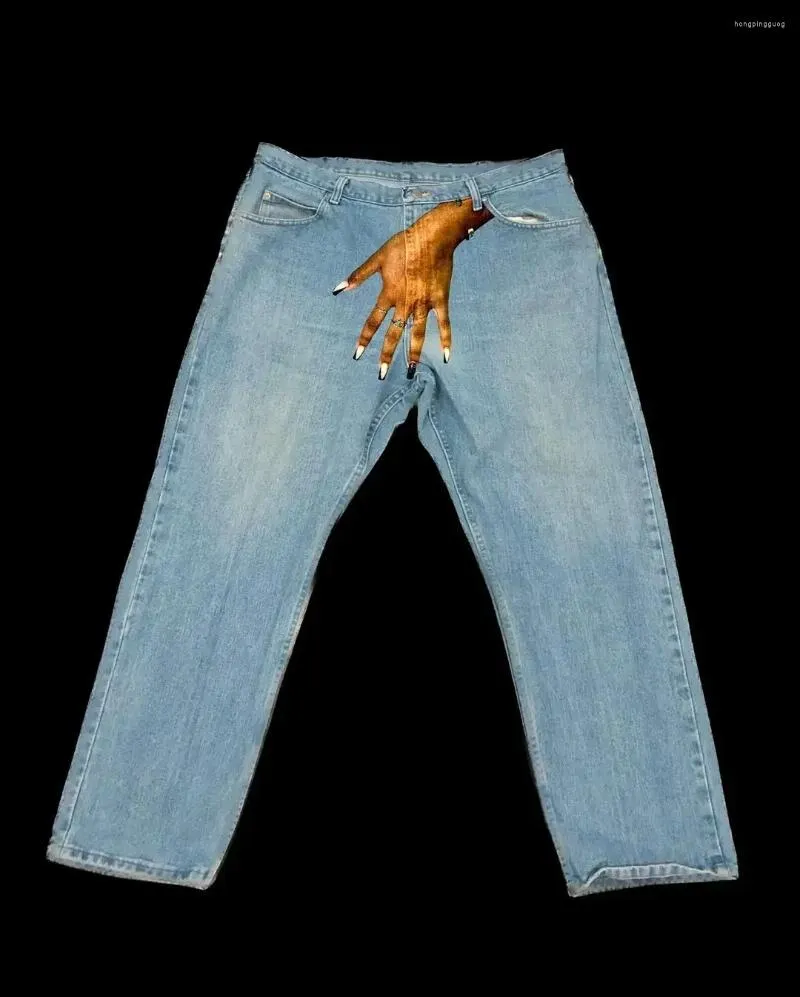 Muške traperice Y2k Gothic Hip Hop Palm Print Baggy Haruku modne muške i ženske ulične mode visokog struka traperice Vintage_voghion.com