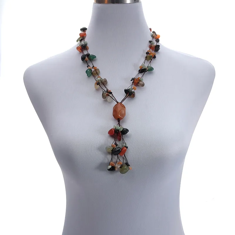 Natural Stone Tassel Necklace Ethnic Beaded Chain For Women Men_voghion.com