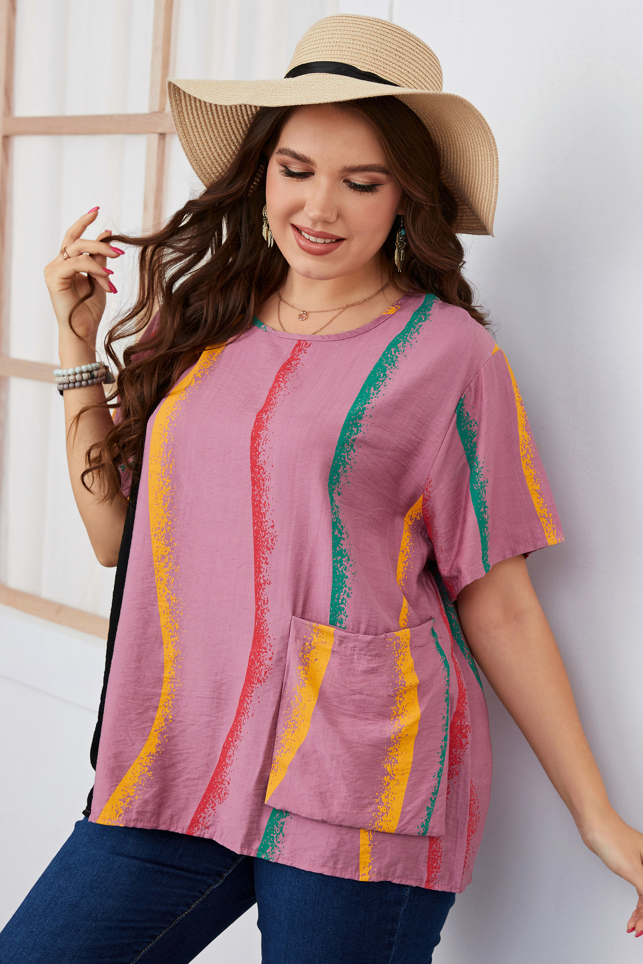 Women's striped contrast color large size women's shirt slim round neck women's clothing_voghion.com