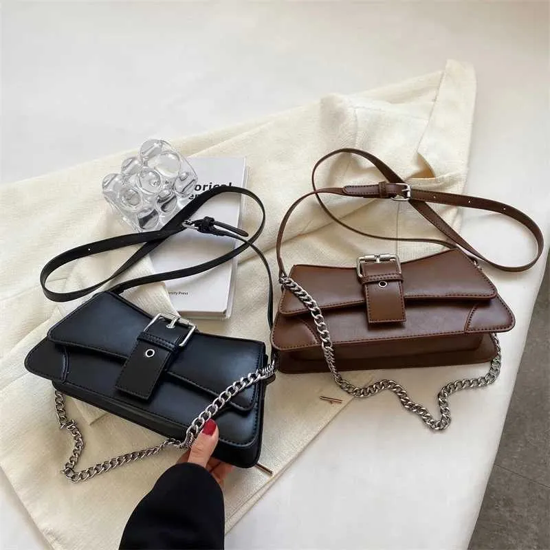 Borsa a tracolla con catena da donna in tinta unita, piccola borsa in pelle PU e portafoglio, vintage, marchio da donna, con patta, tracolla SG_voghion.com