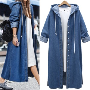Spot direct purchase hooded long-sleeved denim jacket single-breasted long windbreaker