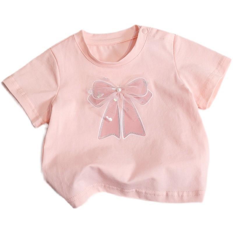 Baby Clothing Children's summer short sleeve candy color fashion simple bow small children short sleeve sweet T-shirt_voghion.com