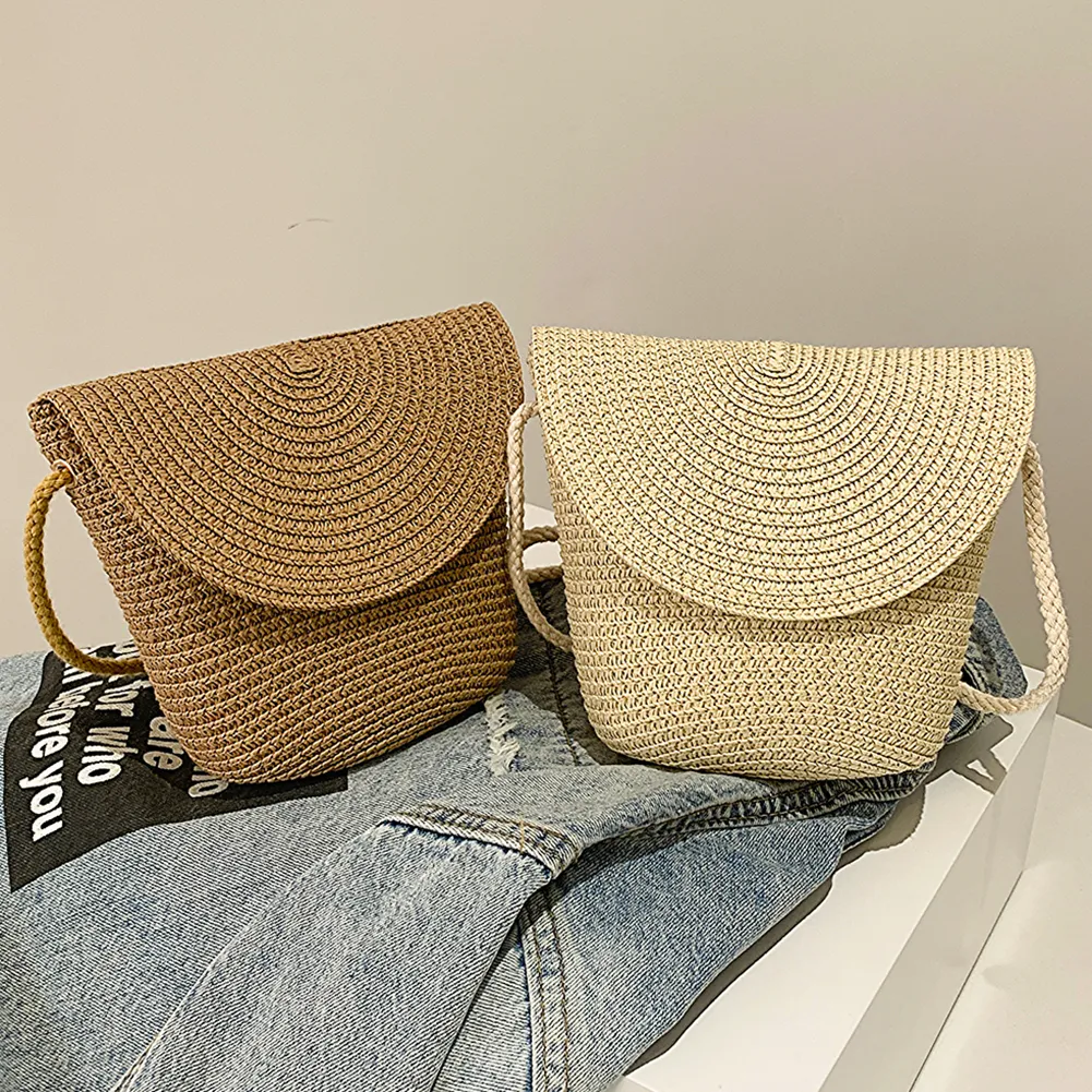 Borsa a tracolla estiva da donna, in tessuto alla moda, casual, semplice, portatile, elegante, fatta a mano, in tinta unita, per il fine settimana._voghion.com