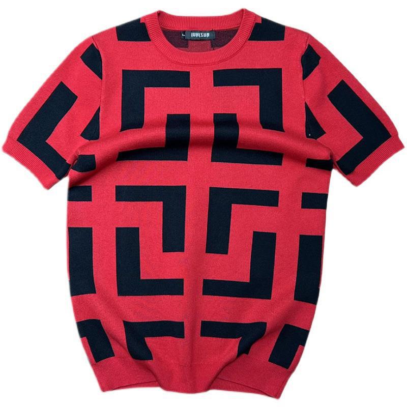 T-shirt estiva da uomo a maniche corte con motivo geometrico primaverile e autunnale slim casual trendy a maniche corte in maglia_voghion.com