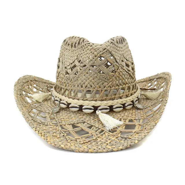 Fashion Angelica Hand-woven Western Cowboy Salty Grass New Natural Straw Hat Sun Visor for Women Men Fashionable with Belt_voghion.com