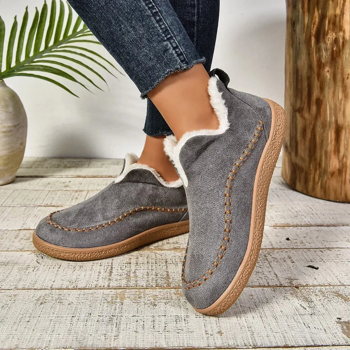 selg long sleeved womens winter round toe plush warm solid flat casual comfortable snow boots 240904_voghion.com