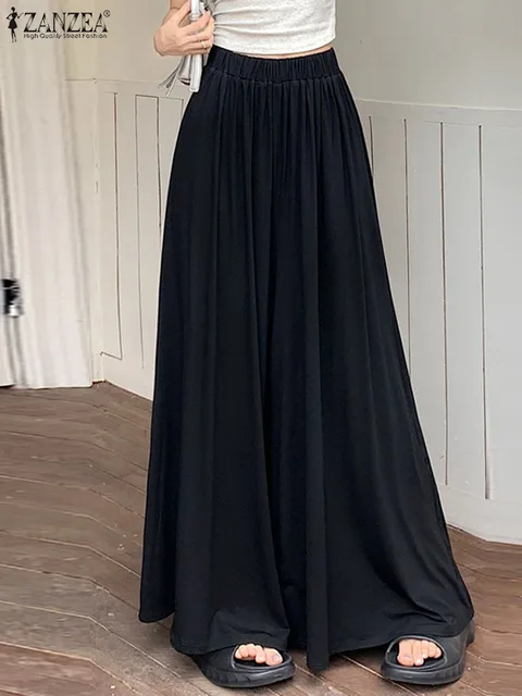 Sıcak satış Caual Pliseli Salıncak Pantolon ZANZEA Yaz Elatic Wait Looe Kadın Vintage Geniş Bacak Pantolon Kore Modası Uzun_voghion.com