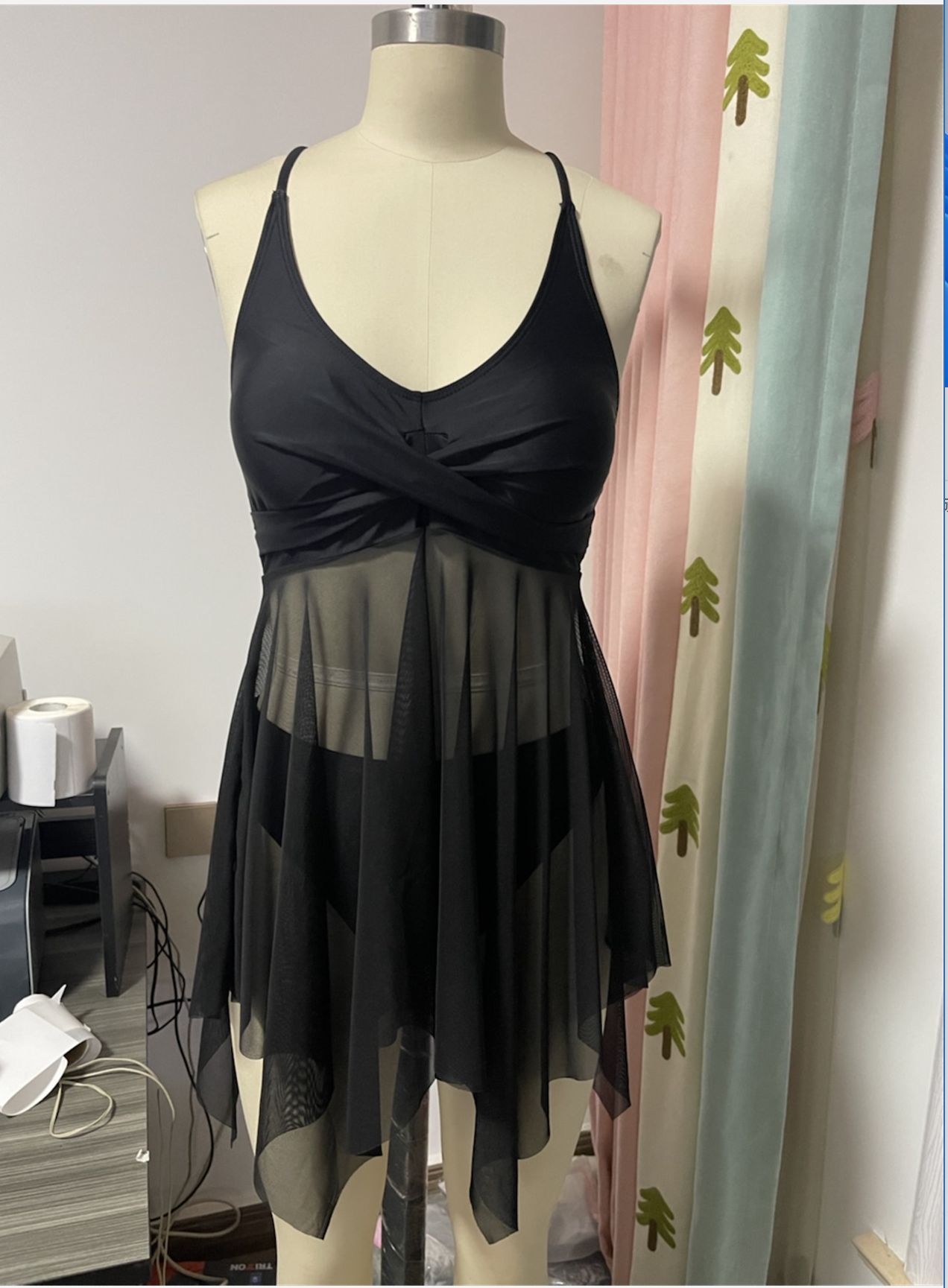 Dames Gauze Split Body High Waisted Mesh Badpak, Cross Top, Dubbele Schouderband_voghion.com