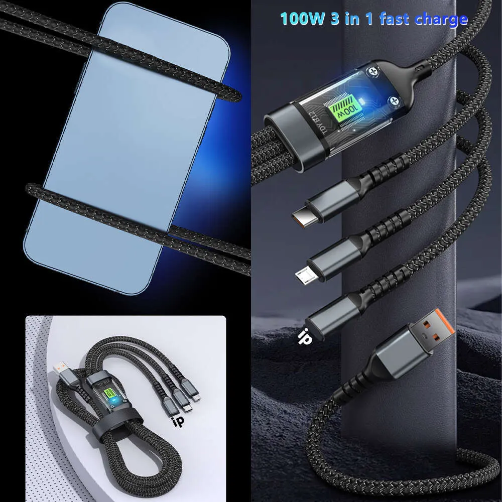 100W Cyber Edition Transparent Window Night Light LED Braided One Tow Three Data Cable Type-C Cell Phone Fast Charging_voghion.com