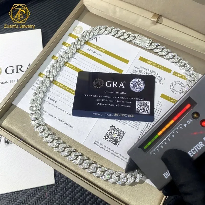Catene di gioielli di design GRA VVS Moissanite Collana cubana per uomo Bracciale da 14 mm Catena a maglie in argento con diamanti_voghion.com