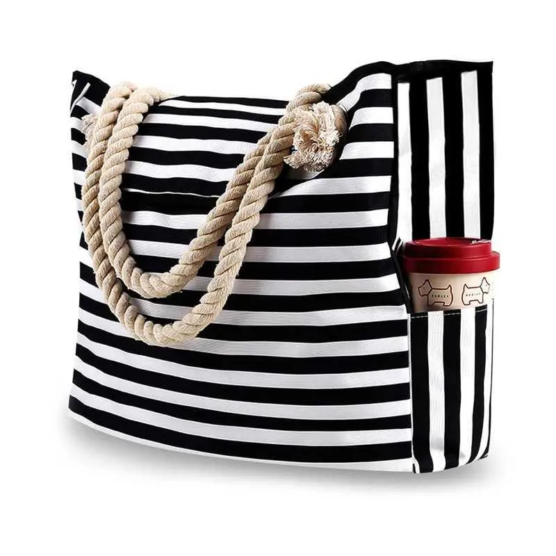 Handbag black and white stripes large capacity beach bag handbag with ten font fashion print womens canvas shoulder_voghion.com