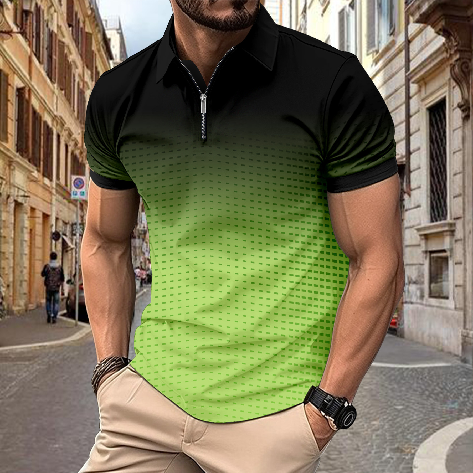2024 Summer Fast Selling Flat Cloth POLO Zipper Men's Printed Stripe Polo Shirt_voghion.com