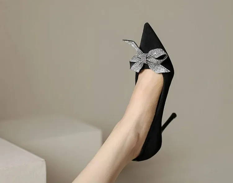 Scarpe da donna con tacco alto, estive, stiletto, per ufficio, nere, con punta a punta e fiocco, con tacco alla moda_voghion.com