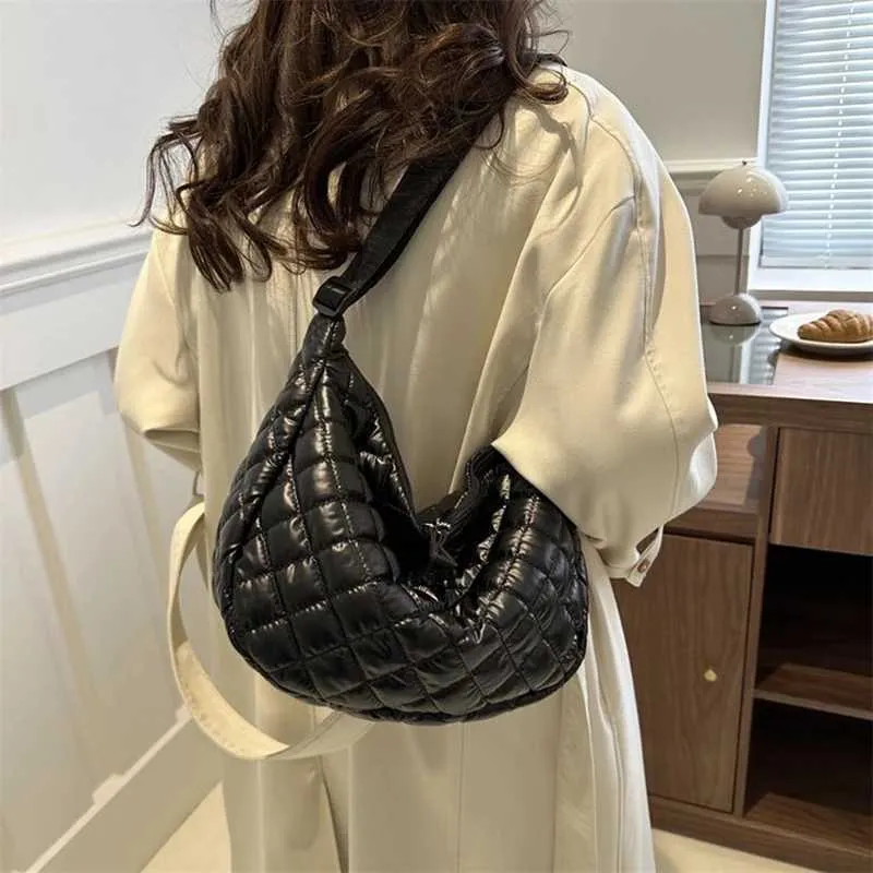 Borsa a tracolla in cotone spaziale, alla moda, hobo, con motivo a reticolo, borse a mano di grande capacità, per le donne_voghion.com